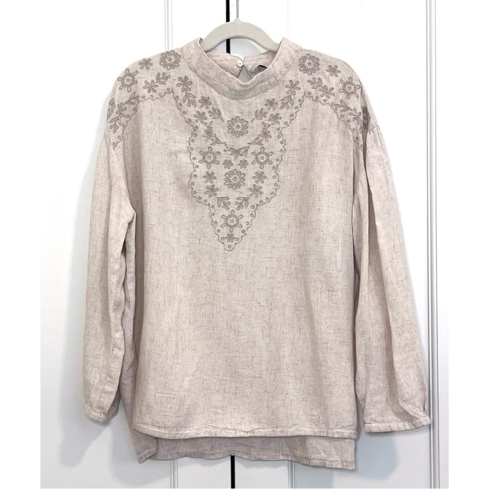 Zara Embroidered Linen Long Sleeve Top in Cream / Light Tan - Size XS